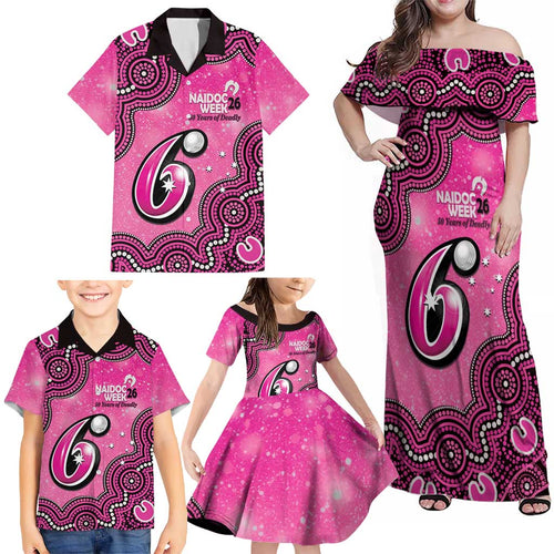 Sydney Sixers NAIDOC Week 2026 Custom Family Matching Off Shoulder Maxi Dress and Hawaiian Shirt 50 Years Deadly Indigenous Art Glitter Effect