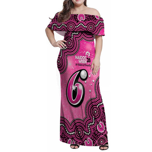 Sydney Sixers NAIDOC Week 2026 Custom Family Matching Off Shoulder Maxi Dress and Hawaiian Shirt 50 Years Deadly Indigenous Art Glitter Effect