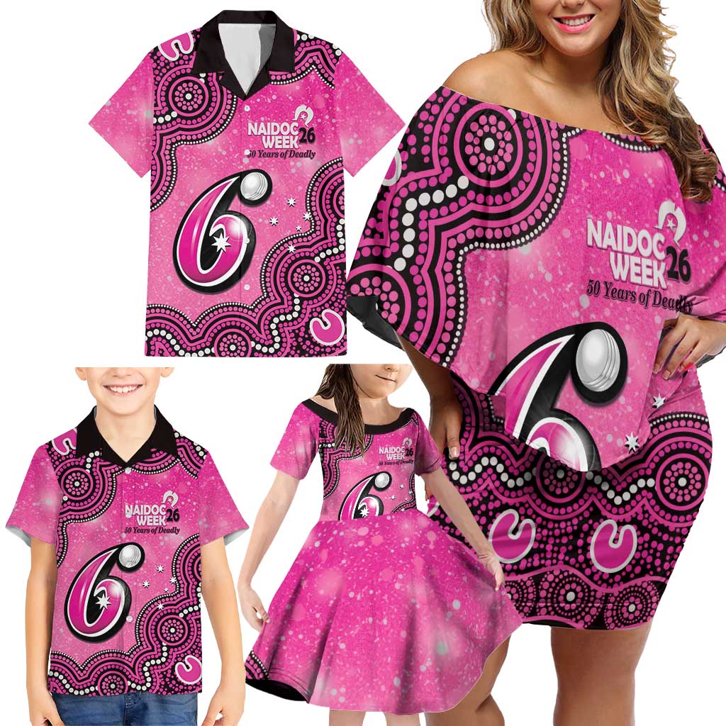 Sydney Sixers NAIDOC Week 2026 Custom Family Matching Off Shoulder Short Dress and Hawaiian Shirt 50 Years Deadly Indigenous Art Glitter Effect