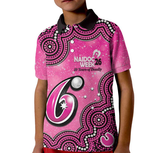 Sydney Sixers NAIDOC Week 2026 Custom Kid Polo Shirt 50 Years Deadly Indigenous Art Glitter Effect