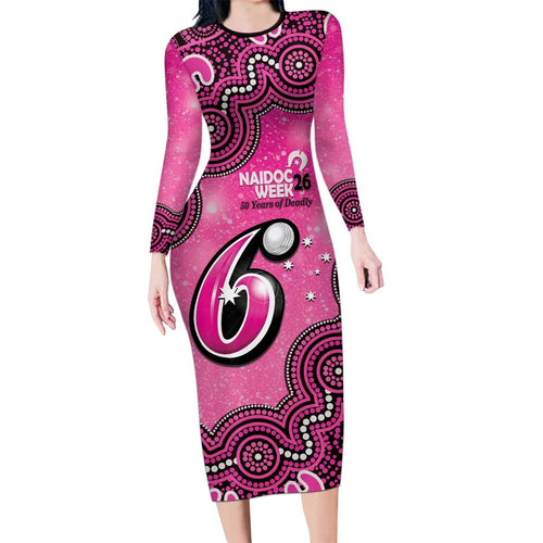 Sydney Sixers NAIDOC Week 2026 Custom Long Sleeve Bodycon Dress 50 Years Deadly Indigenous Art Glitter Effect