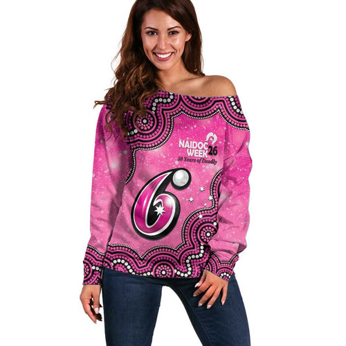 Sydney Sixers NAIDOC Week 2026 Custom Off Shoulder Sweater 50 Years Deadly Indigenous Art Glitter Effect