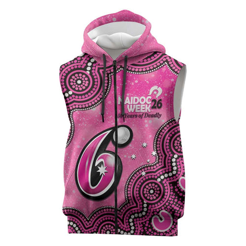 Sydney Sixers NAIDOC Week 2026 Custom Sleeveless Zip Hoodie 50 Years Deadly Indigenous Art Glitter Effect