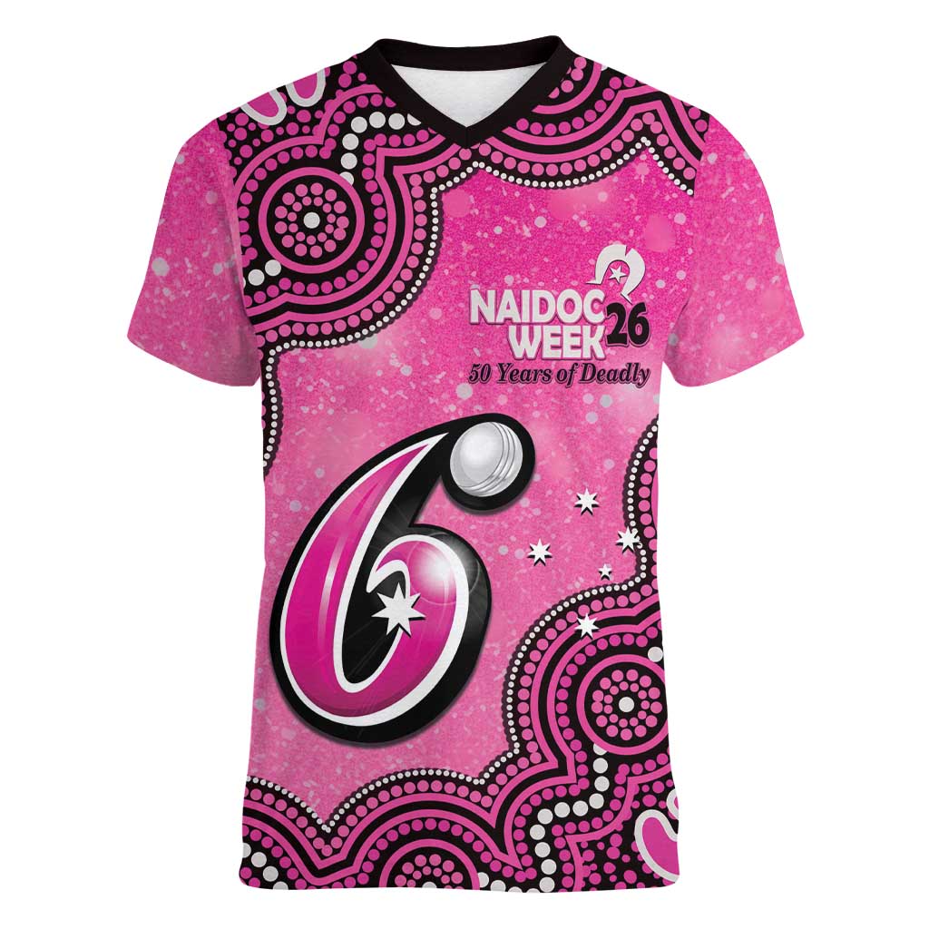 Sydney Sixers NAIDOC Week 2026 Custom Women V-Neck T-Shirt 50 Years Deadly Indigenous Art Glitter Effect