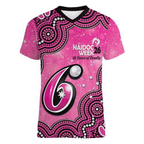 Sydney Sixers NAIDOC Week 2026 Custom Women V-Neck T-Shirt 50 Years Deadly Indigenous Art Glitter Effect