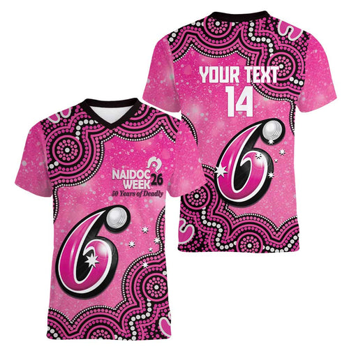 Sydney Sixers NAIDOC Week 2026 Custom Women V-Neck T-Shirt 50 Years Deadly Indigenous Art Glitter Effect