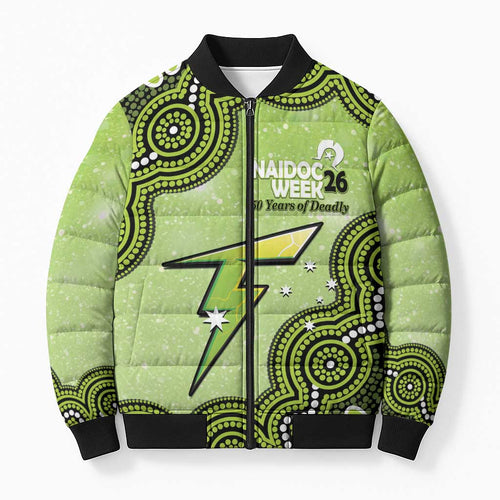Sydney Thunder NAIDOC Week 2026 Custom Bomber Puffer Jacket 50 Years Deadly Indigenous Art Glitter Effect