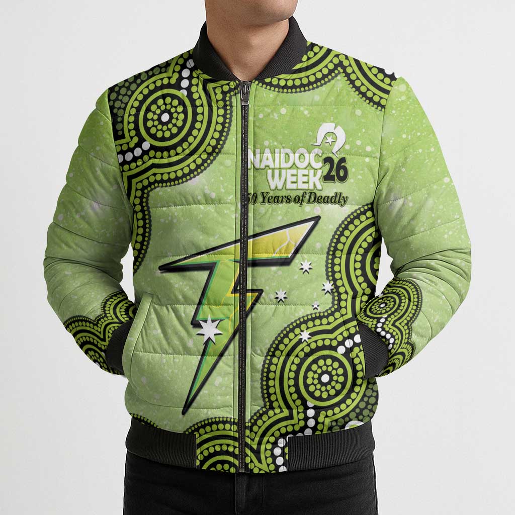 Sydney Thunder NAIDOC Week 2026 Custom Bomber Puffer Jacket 50 Years Deadly Indigenous Art Glitter Effect