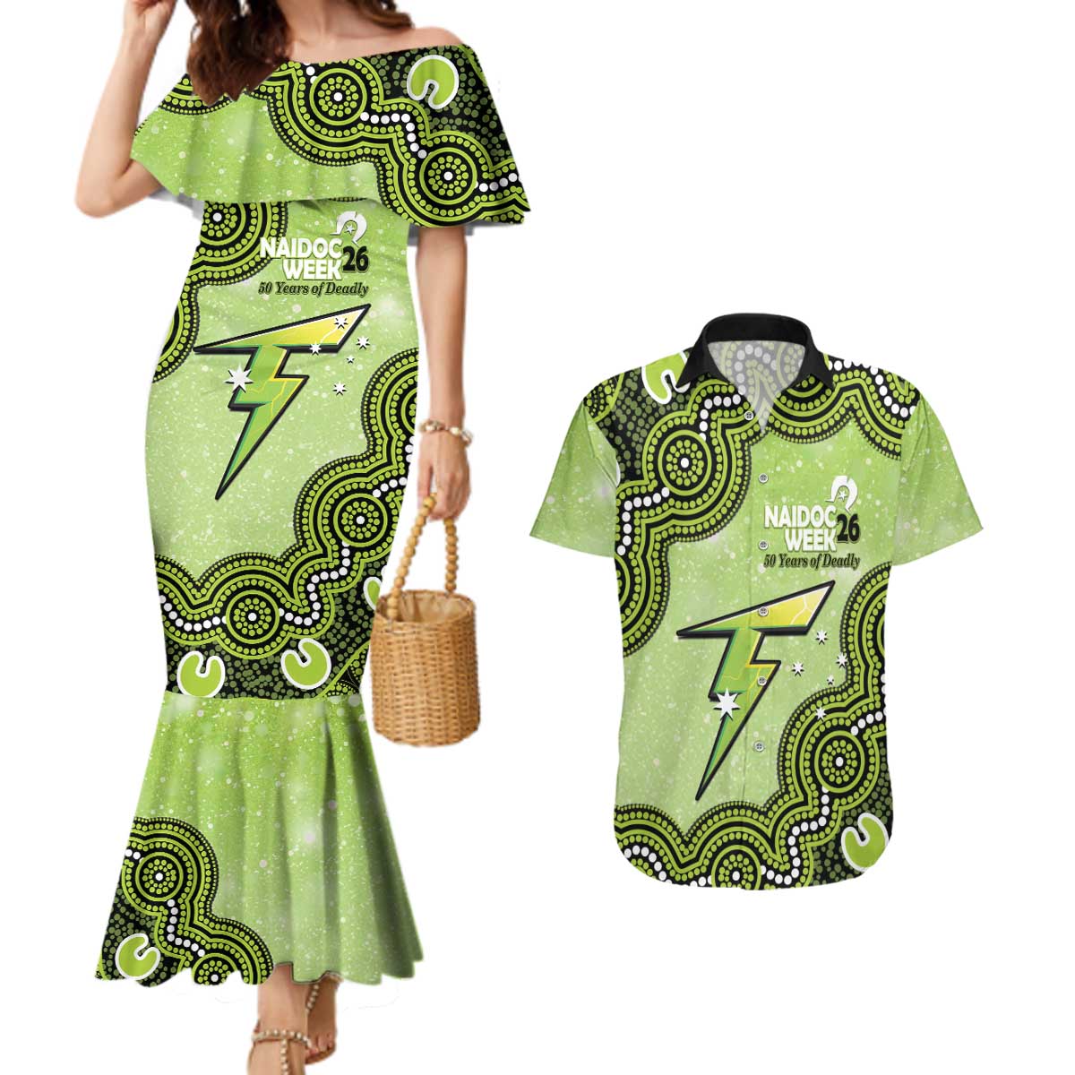 Sydney Thunder NAIDOC Week 2026 Custom Couples Matching Mermaid Dress and Hawaiian Shirt 50 Years Deadly Indigenous Art Glitter Effect