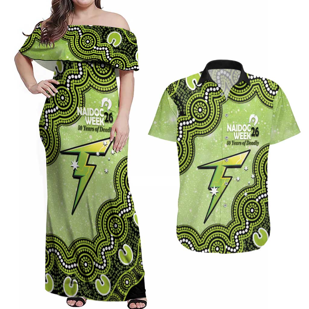 Sydney Thunder NAIDOC Week 2026 Custom Couples Matching Off Shoulder Maxi Dress and Hawaiian Shirt 50 Years Deadly Indigenous Art Glitter Effect