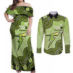 Sydney Thunder NAIDOC Week 2026 Custom Couples Matching Off Shoulder Maxi Dress and Long Sleeve Button Shirt 50 Years Deadly Indigenous Art Glitter Effect