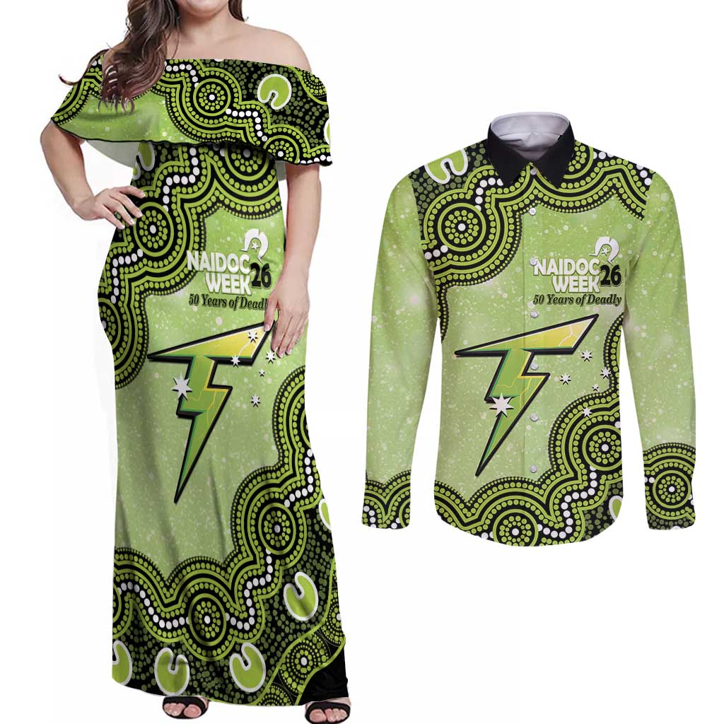 Sydney Thunder NAIDOC Week 2026 Custom Couples Matching Off Shoulder Maxi Dress and Long Sleeve Button Shirt 50 Years Deadly Indigenous Art Glitter Effect