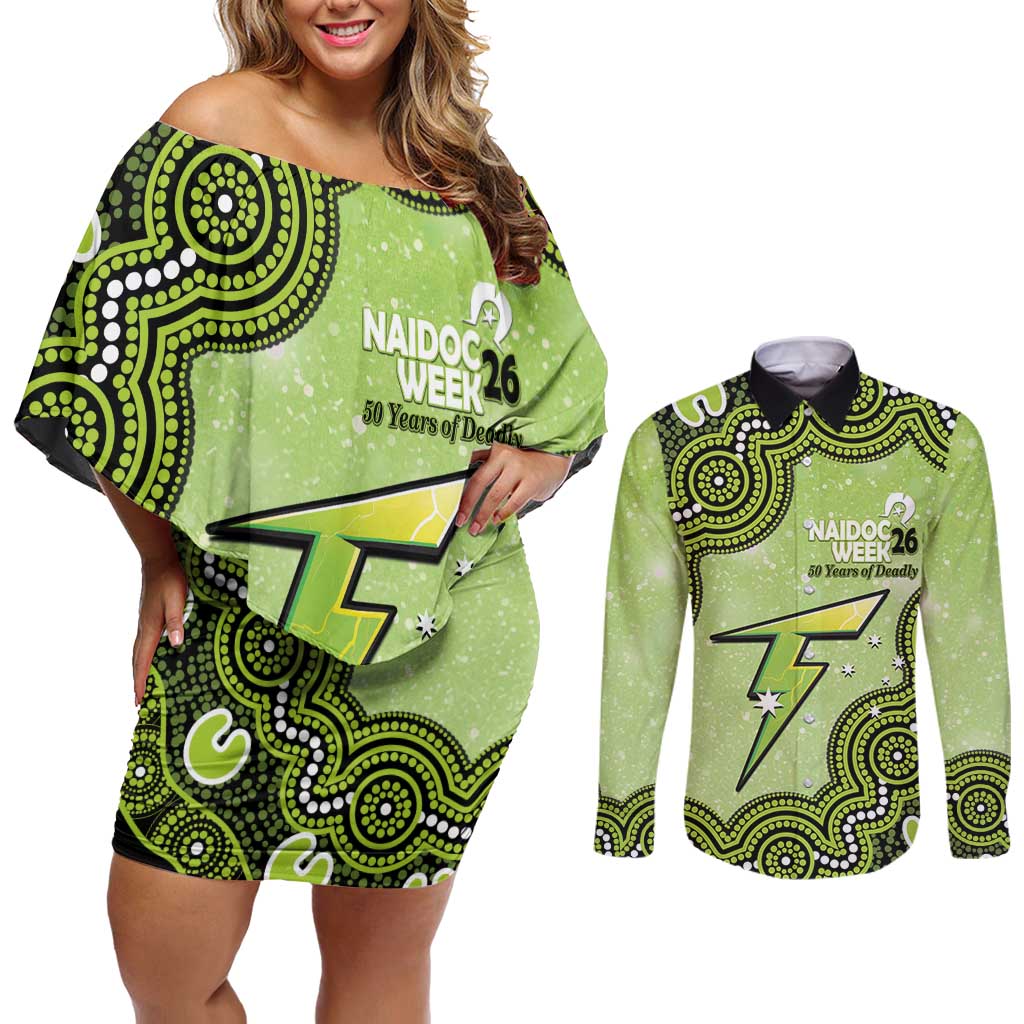 Sydney Thunder NAIDOC Week 2026 Custom Couples Matching Off Shoulder Short Dress and Long Sleeve Button Shirt 50 Years Deadly Indigenous Art Glitter Effect
