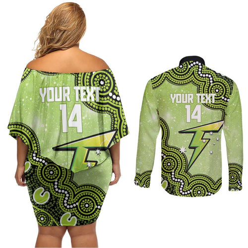 Sydney Thunder NAIDOC Week 2026 Custom Couples Matching Off Shoulder Short Dress and Long Sleeve Button Shirt 50 Years Deadly Indigenous Art Glitter Effect