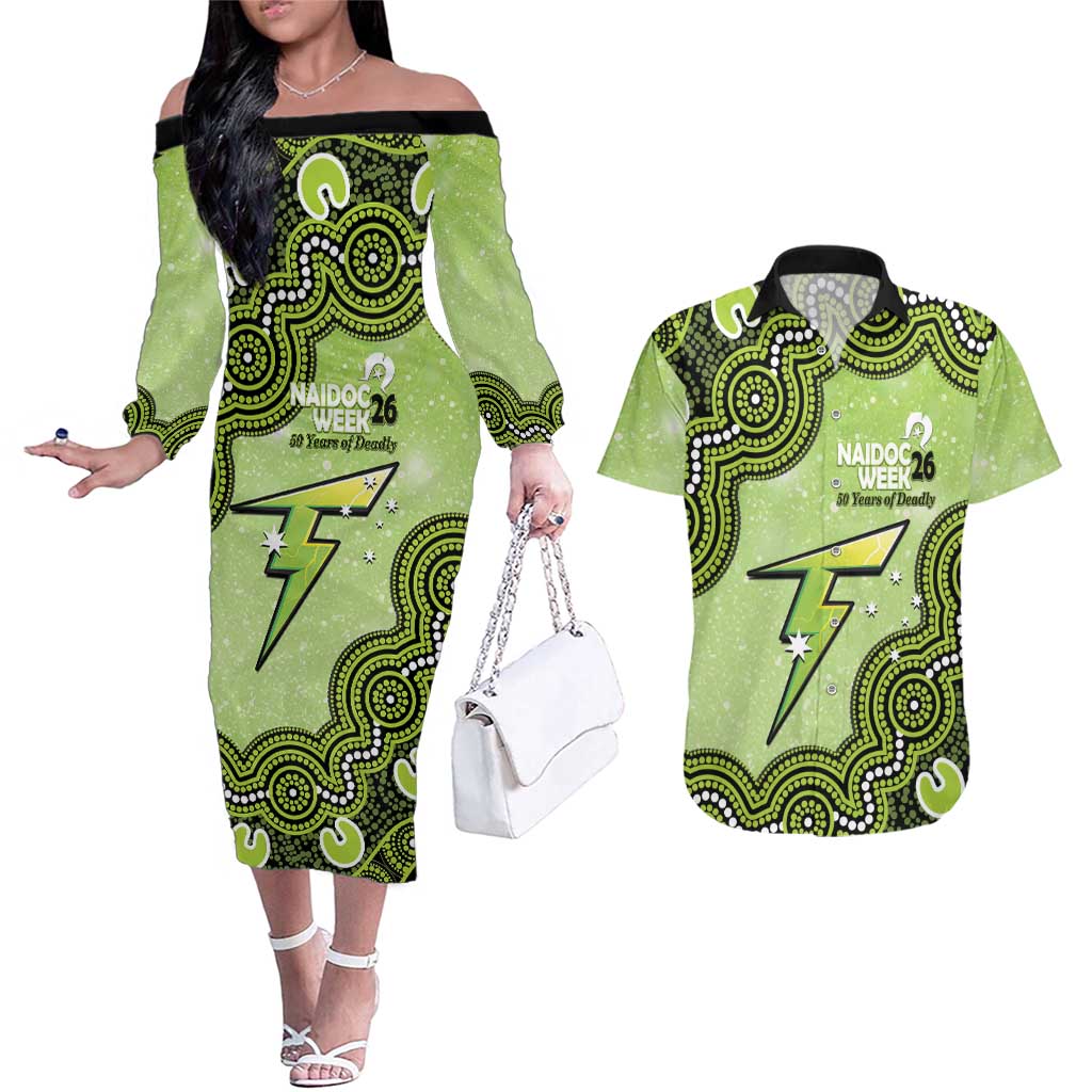 Sydney Thunder NAIDOC Week 2026 Custom Couples Matching Off The Shoulder Long Sleeve Dress and Hawaiian Shirt 50 Years Deadly Indigenous Art Glitter Effect