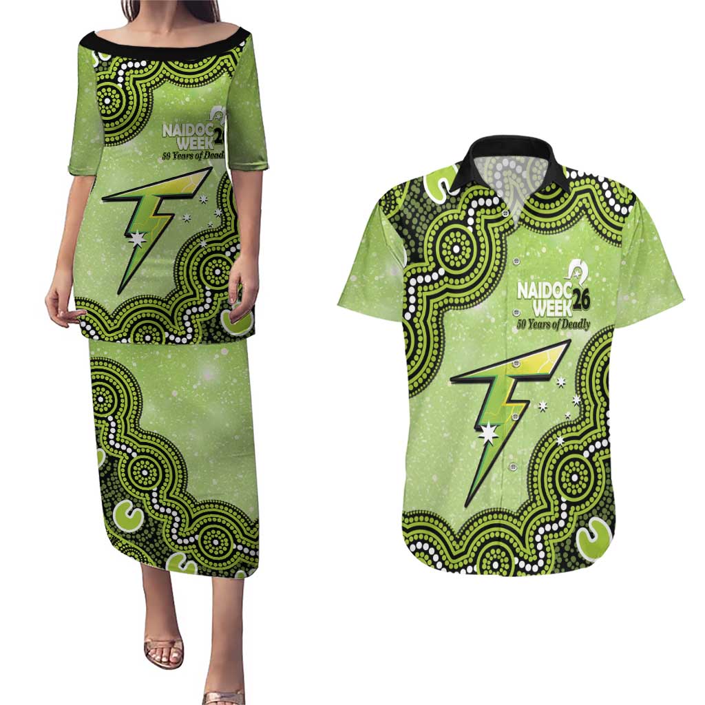 Sydney Thunder NAIDOC Week 2026 Custom Couples Matching Puletasi and Hawaiian Shirt 50 Years Deadly Indigenous Art Glitter Effect