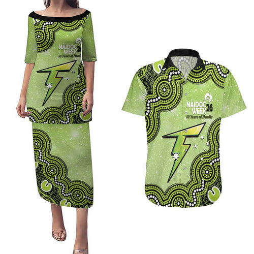 Sydney Thunder NAIDOC Week 2026 Custom Couples Matching Puletasi and Hawaiian Shirt 50 Years Deadly Indigenous Art Glitter Effect