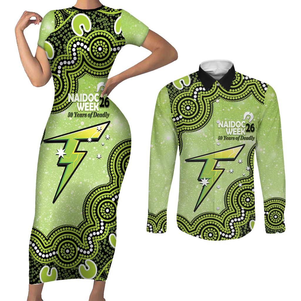 Sydney Thunder NAIDOC Week 2026 Custom Couples Matching Short Sleeve Bodycon Dress and Long Sleeve Button Shirt 50 Years Deadly Indigenous Art Glitter Effect