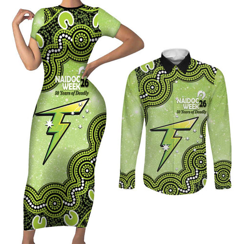Sydney Thunder NAIDOC Week 2026 Custom Couples Matching Short Sleeve Bodycon Dress and Long Sleeve Button Shirt 50 Years Deadly Indigenous Art Glitter Effect