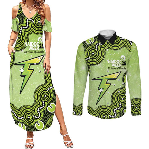 Sydney Thunder NAIDOC Week 2026 Custom Couples Matching Summer Maxi Dress and Long Sleeve Button Shirt 50 Years Deadly Indigenous Art Glitter Effect