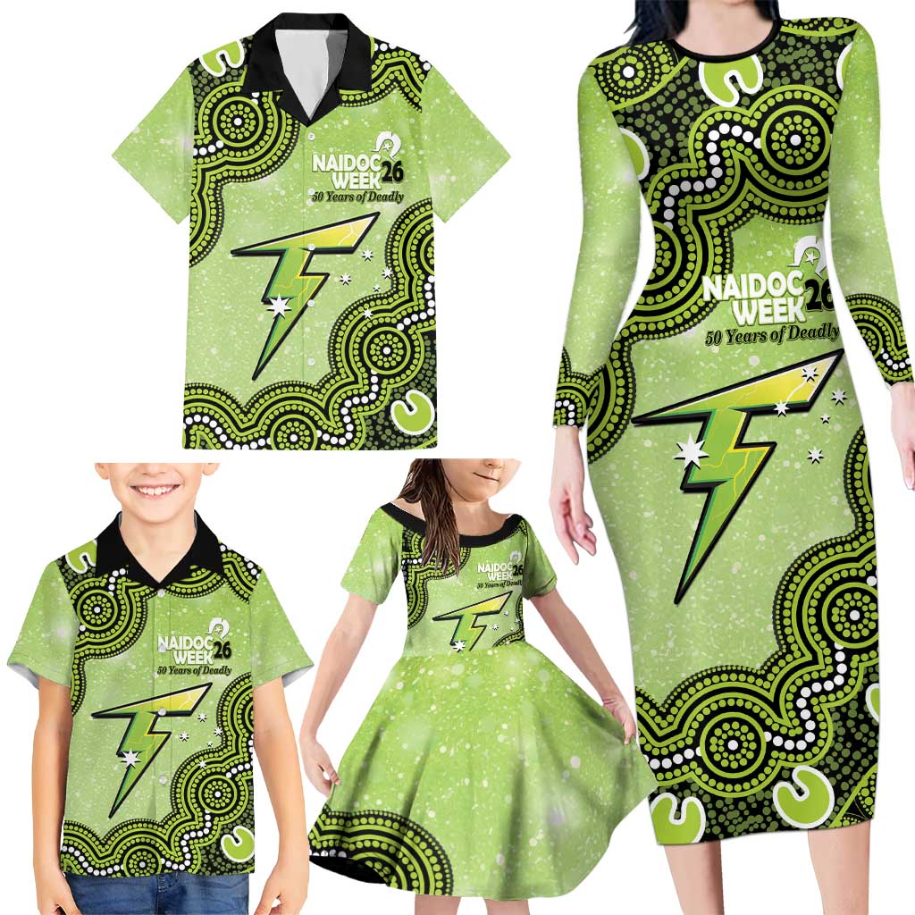 Sydney Thunder NAIDOC Week 2026 Custom Family Matching Long Sleeve Bodycon Dress and Hawaiian Shirt 50 Years Deadly Indigenous Art Glitter Effect