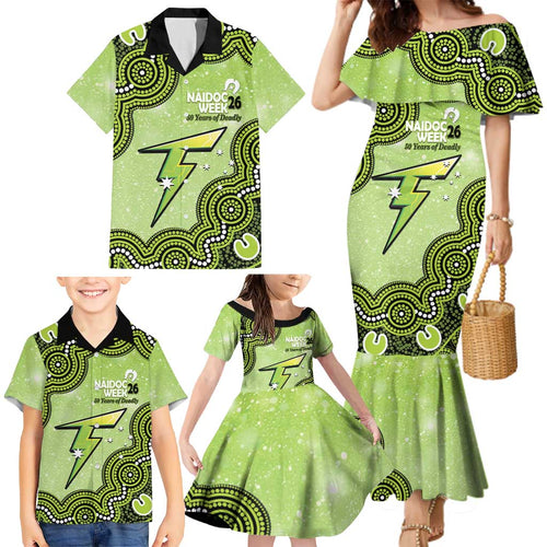 Sydney Thunder NAIDOC Week 2026 Custom Family Matching Mermaid Dress and Hawaiian Shirt 50 Years Deadly Indigenous Art Glitter Effect