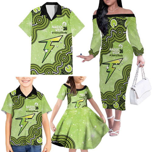 Sydney Thunder NAIDOC Week 2026 Custom Family Matching Off The Shoulder Long Sleeve Dress and Hawaiian Shirt 50 Years Deadly Indigenous Art Glitter Effect