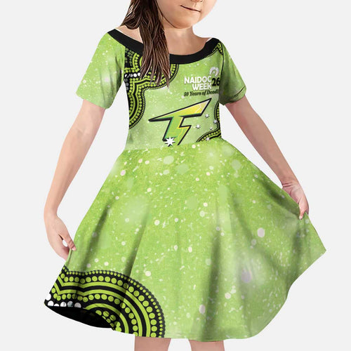 Sydney Thunder NAIDOC Week 2026 Custom Family Matching Off The Shoulder Long Sleeve Dress and Hawaiian Shirt 50 Years Deadly Indigenous Art Glitter Effect