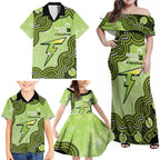Sydney Thunder NAIDOC Week 2026 Custom Family Matching Off Shoulder Maxi Dress and Hawaiian Shirt 50 Years Deadly Indigenous Art Glitter Effect
