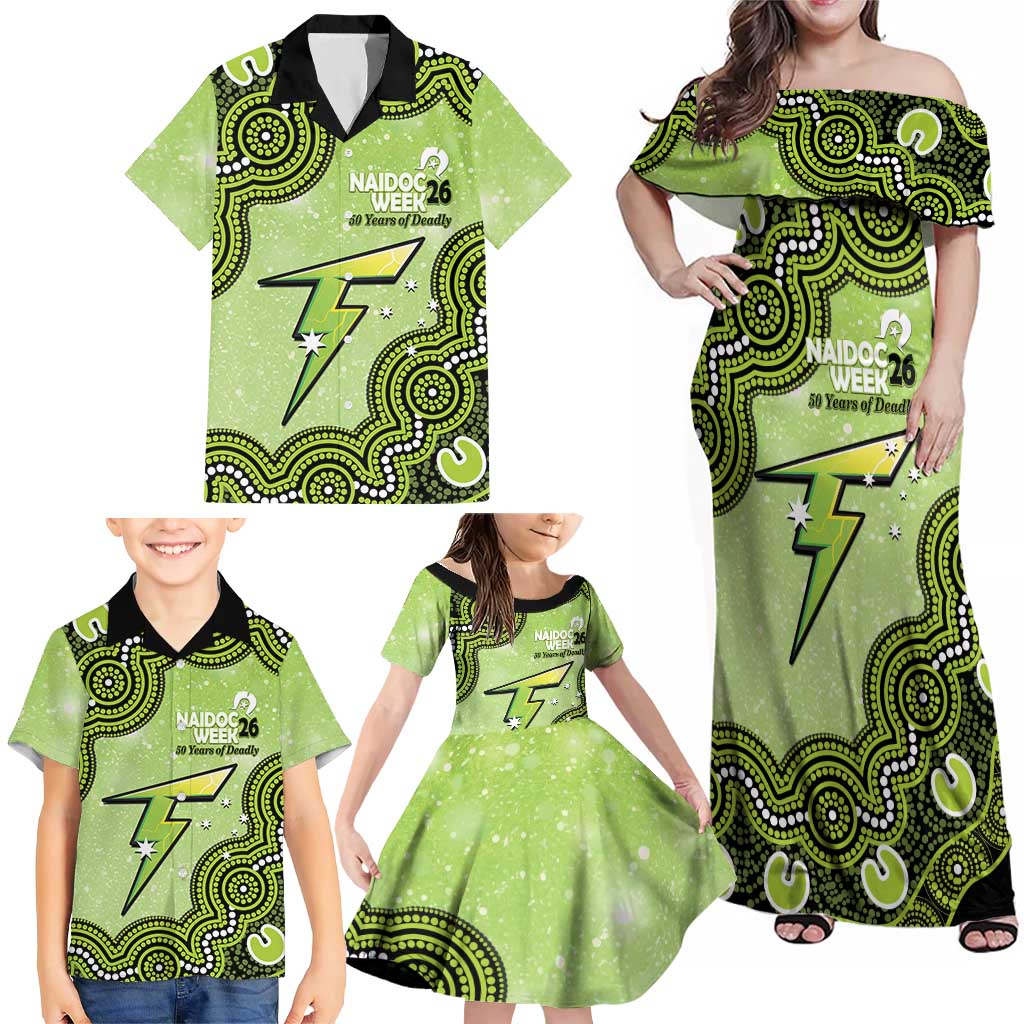 Sydney Thunder NAIDOC Week 2026 Custom Family Matching Off Shoulder Maxi Dress and Hawaiian Shirt 50 Years Deadly Indigenous Art Glitter Effect