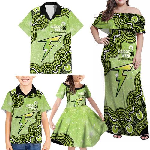 Sydney Thunder NAIDOC Week 2026 Custom Family Matching Off Shoulder Maxi Dress and Hawaiian Shirt 50 Years Deadly Indigenous Art Glitter Effect