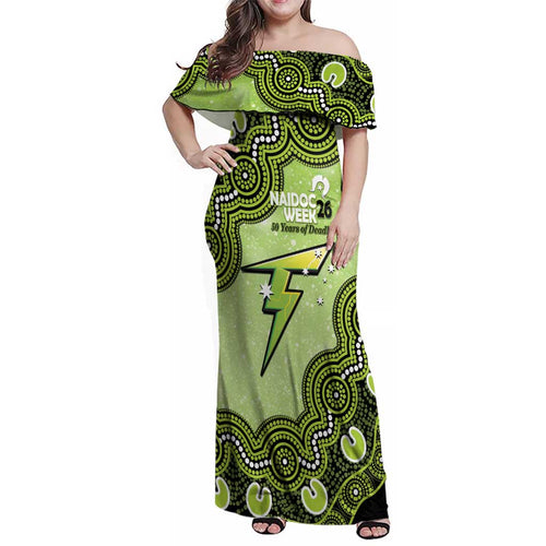 Sydney Thunder NAIDOC Week 2026 Custom Family Matching Off Shoulder Maxi Dress and Hawaiian Shirt 50 Years Deadly Indigenous Art Glitter Effect