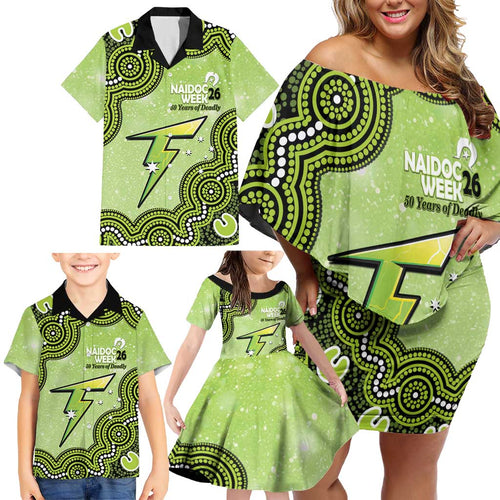 Sydney Thunder NAIDOC Week 2026 Custom Family Matching Off Shoulder Short Dress and Hawaiian Shirt 50 Years Deadly Indigenous Art Glitter Effect