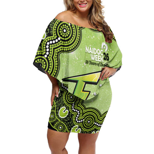 Sydney Thunder NAIDOC Week 2026 Custom Family Matching Off Shoulder Short Dress and Hawaiian Shirt 50 Years Deadly Indigenous Art Glitter Effect