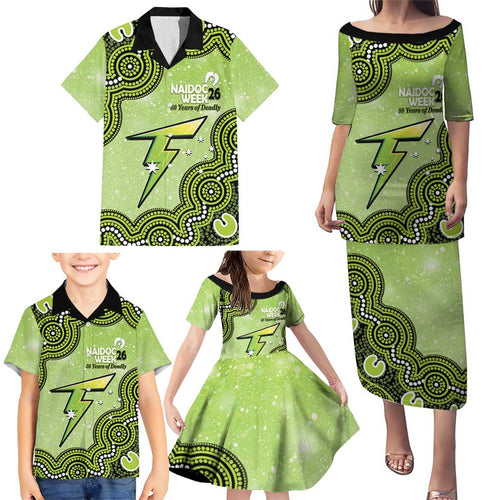 Sydney Thunder NAIDOC Week 2026 Custom Family Matching Puletasi and Hawaiian Shirt 50 Years Deadly Indigenous Art Glitter Effect