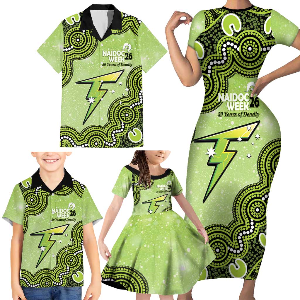 Sydney Thunder NAIDOC Week 2026 Custom Family Matching Short Sleeve Bodycon Dress and Hawaiian Shirt 50 Years Deadly Indigenous Art Glitter Effect