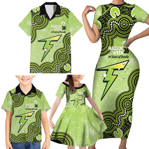 Sydney Thunder NAIDOC Week 2026 Custom Family Matching Short Sleeve Bodycon Dress and Hawaiian Shirt 50 Years Deadly Indigenous Art Glitter Effect