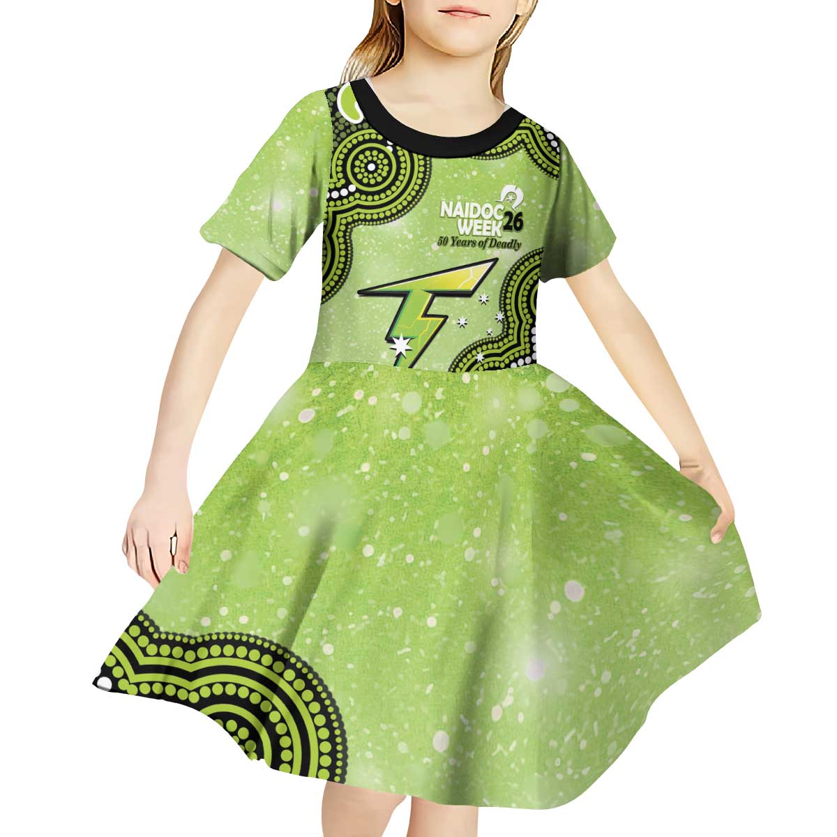 Sydney Thunder NAIDOC Week 2026 Custom Kid Short Sleeve Dress 50 Years Deadly Indigenous Art Glitter Effect