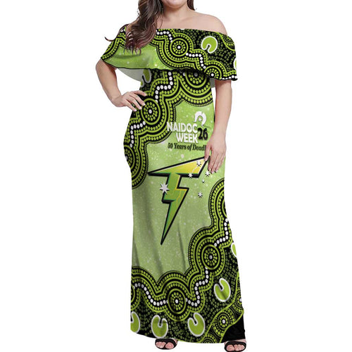 Sydney Thunder NAIDOC Week 2026 Custom Off Shoulder Maxi Dress 50 Years Deadly Indigenous Art Glitter Effect