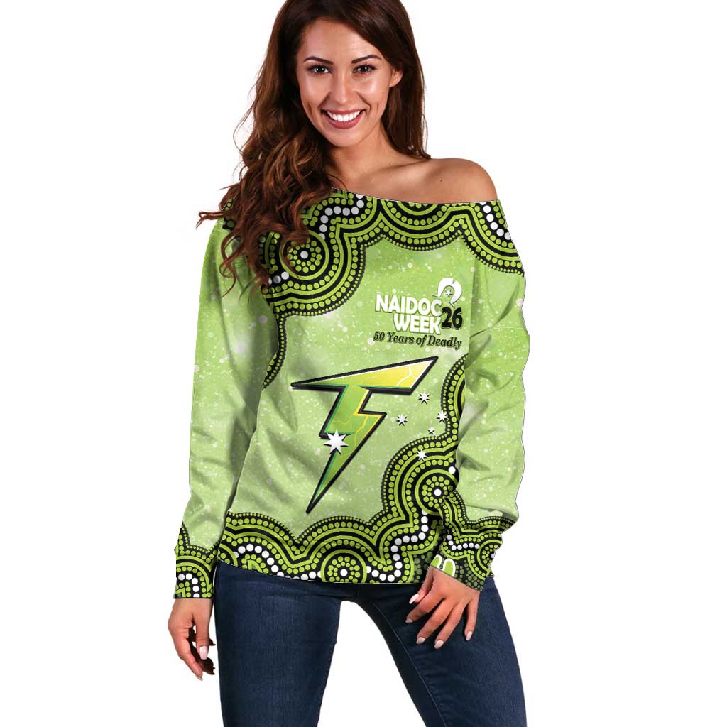 Sydney Thunder NAIDOC Week 2026 Custom Off Shoulder Sweater 50 Years Deadly Indigenous Art Glitter Effect