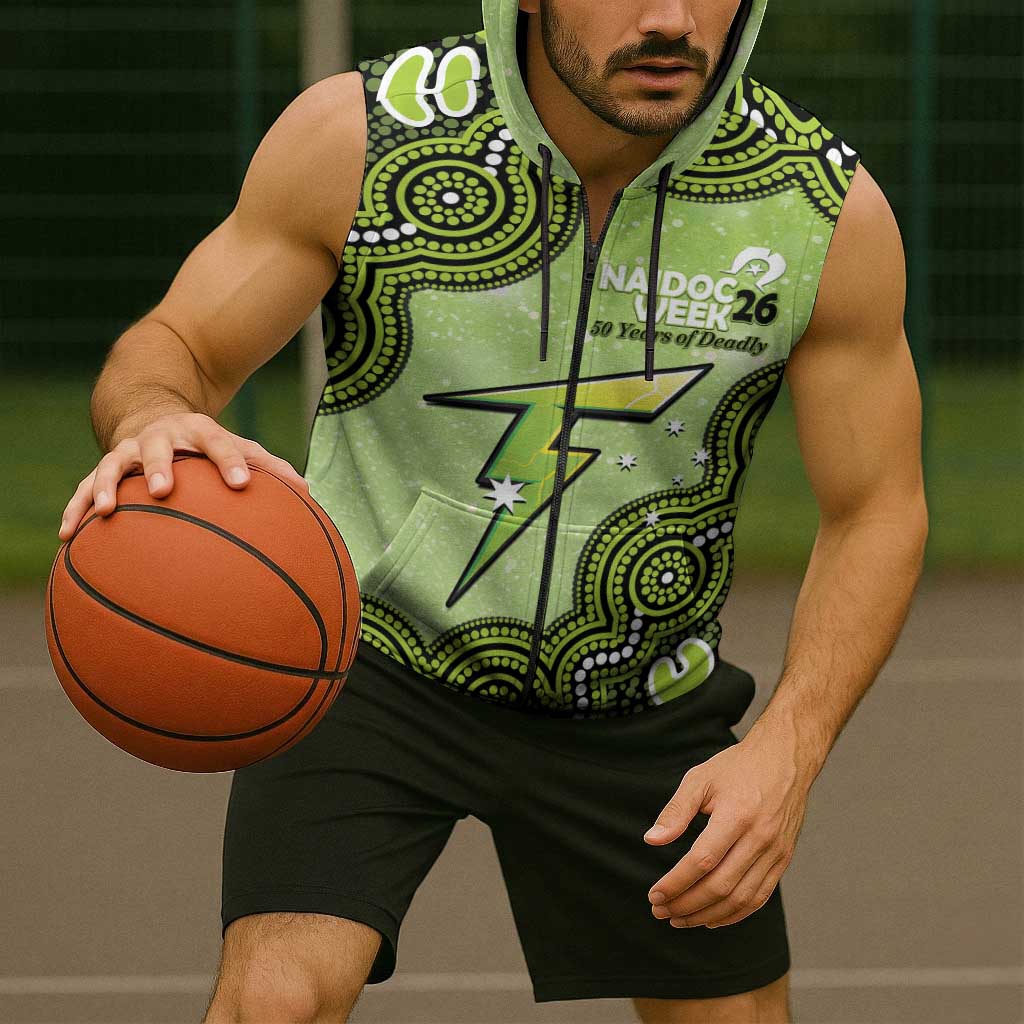 Sydney Thunder NAIDOC Week 2026 Custom Sleeveless Zip Hoodie 50 Years Deadly Indigenous Art Glitter Effect