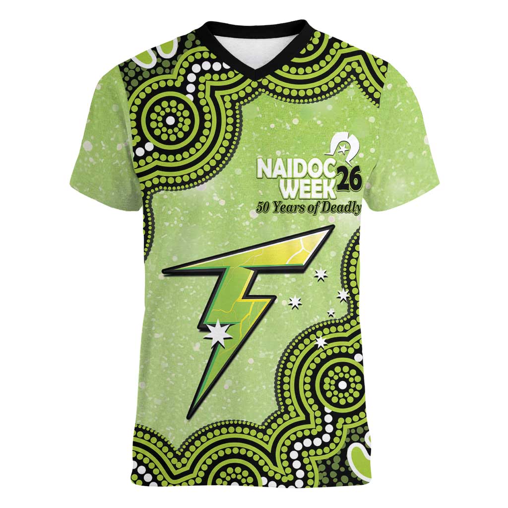 Sydney Thunder NAIDOC Week 2026 Custom Women V-Neck T-Shirt 50 Years Deadly Indigenous Art Glitter Effect