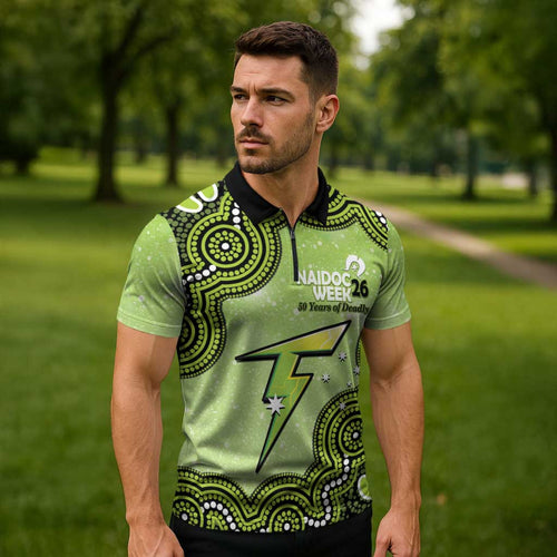 Sydney Thunder NAIDOC Week 2026 Custom Zipper Polo Shirt 50 Years Deadly Indigenous Art Glitter Effect