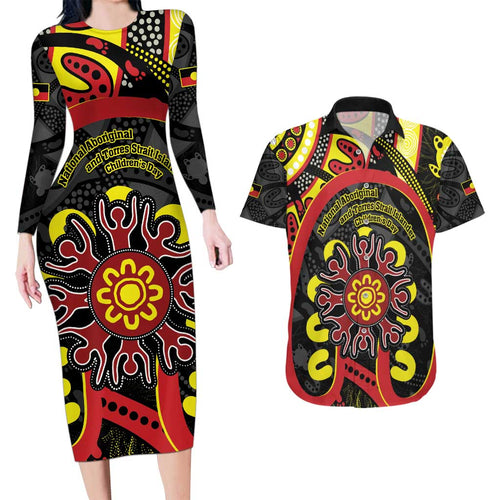 Australia Indigenous Children's Day Couples Matching Long Sleeve Bodycon Dress and Hawaiian Shirt Strong In Culture Stronger Together Aboriginal Art