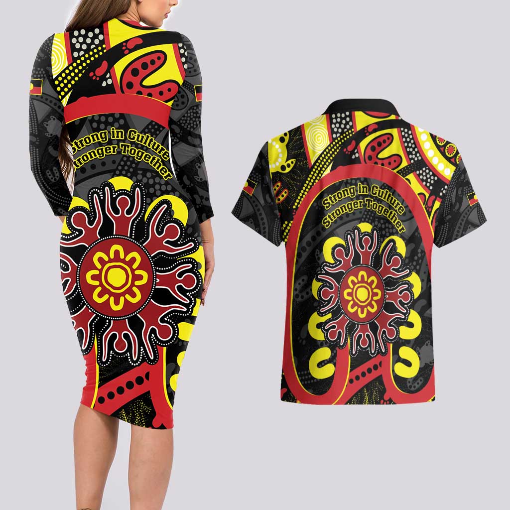 Australia Indigenous Children's Day Couples Matching Long Sleeve Bodycon Dress and Hawaiian Shirt Strong In Culture Stronger Together Aboriginal Art