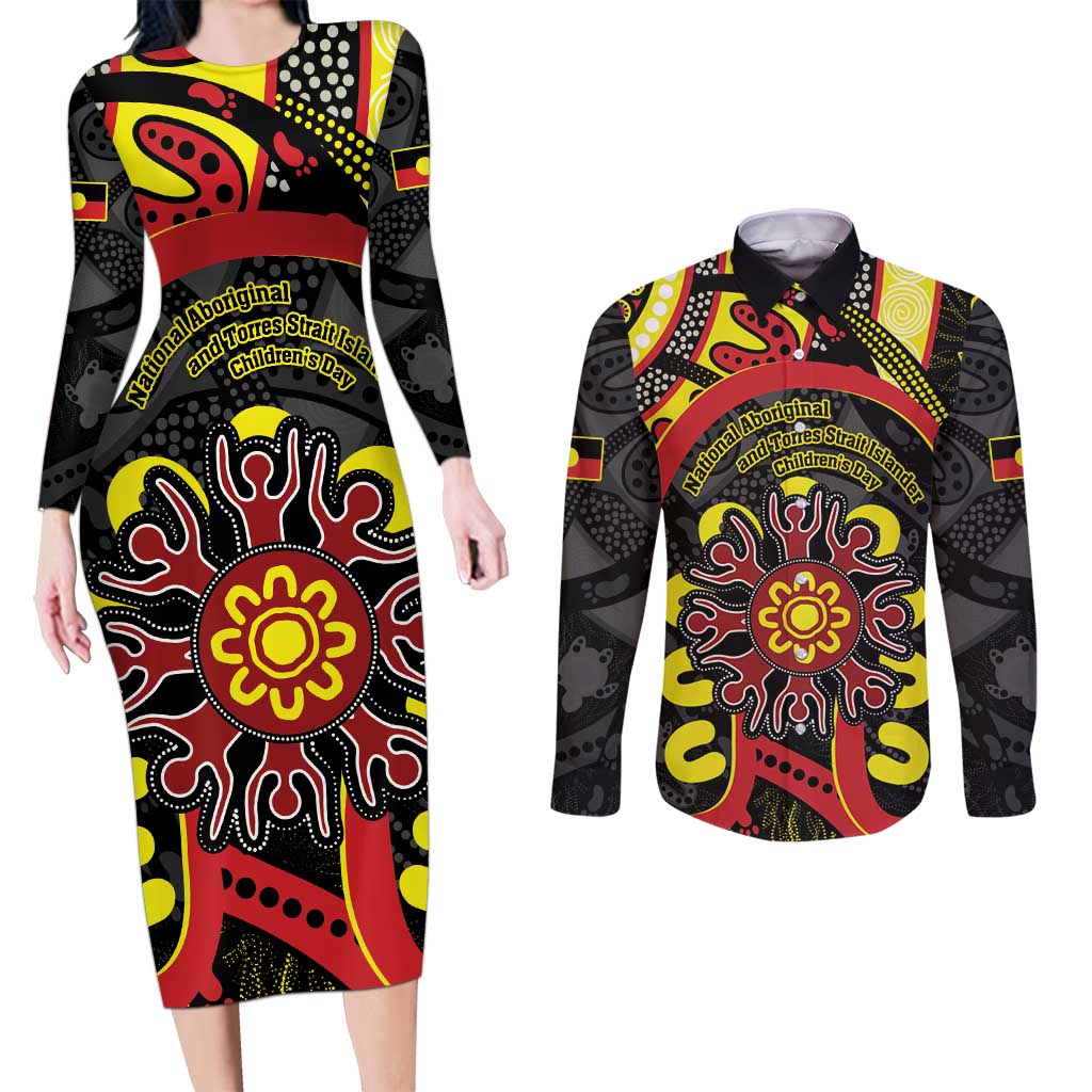 Australia Indigenous Children's Day Couples Matching Long Sleeve Bodycon Dress and Long Sleeve Button Shirt Strong In Culture Stronger Together Aboriginal Art