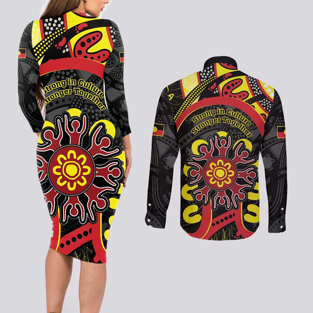 Australia Indigenous Children's Day Couples Matching Long Sleeve Bodycon Dress and Long Sleeve Button Shirt Strong In Culture Stronger Together Aboriginal Art