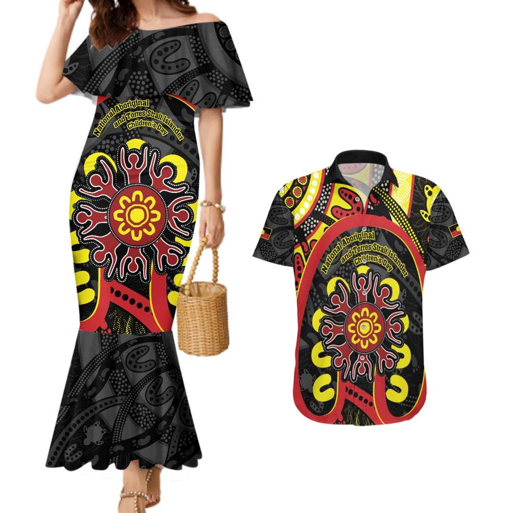 Australia Indigenous Children's Day Couples Matching Mermaid Dress and Hawaiian Shirt Strong In Culture Stronger Together Aboriginal Art