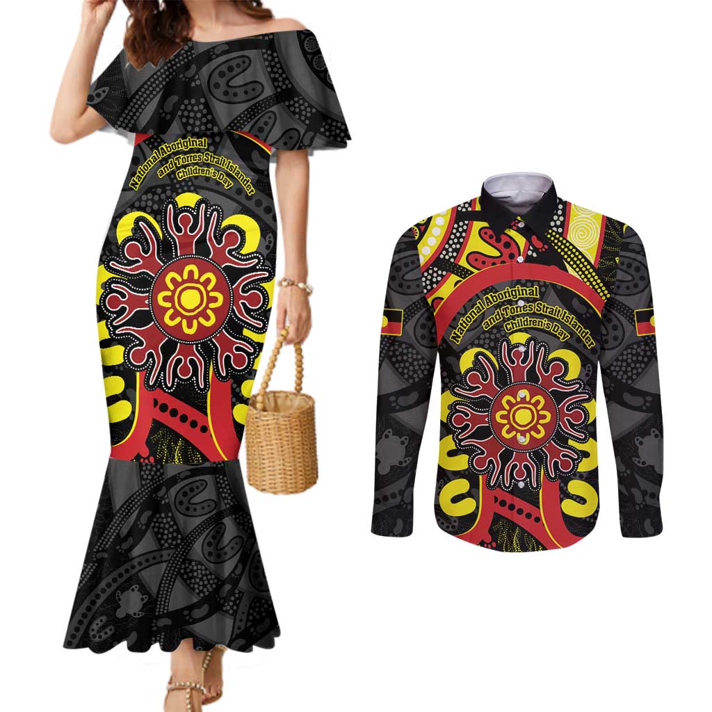 Australia Indigenous Children's Day Couples Matching Mermaid Dress and Long Sleeve Button Shirt Strong In Culture Stronger Together Aboriginal Art