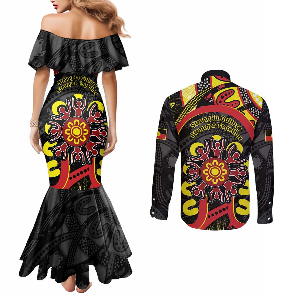 Australia Indigenous Children's Day Couples Matching Mermaid Dress and Long Sleeve Button Shirt Strong In Culture Stronger Together Aboriginal Art